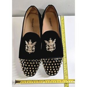 Mejijana Mens‎ Velvet Smoking Loafers SZ 12 Black Gold Studded Toe Crest Slip-On